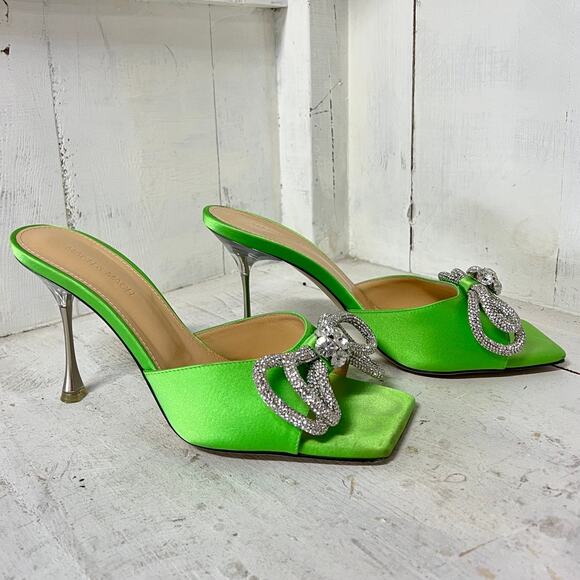 MACH & MACH Double Bow Crystal-Embellished Satin Mules Green Women Size 40 / 9.5 - Picture 7 of 8